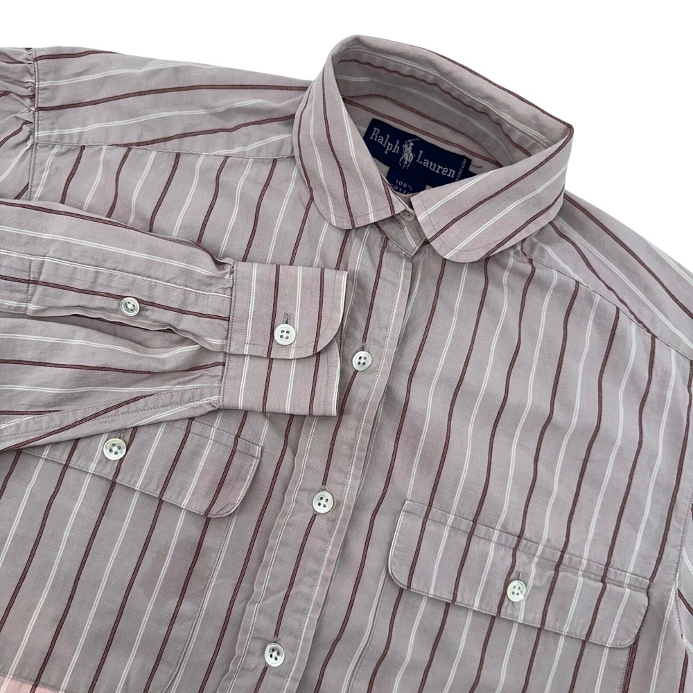 Ralph Lauren Women Striped Button Down Shirt‎ Puff Sleeve Pockets Size 6